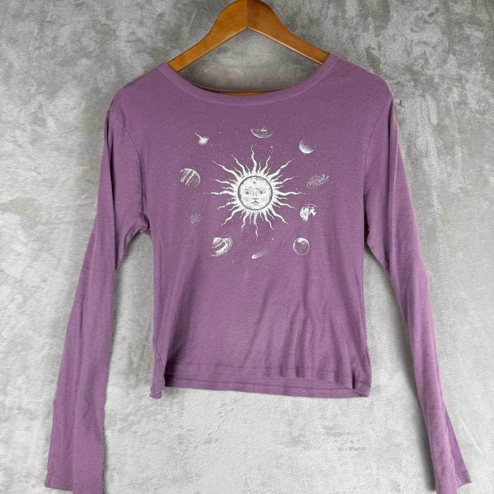 Rebellious One Womens XL Purple Celestial Sun Planet Graphic Long Sleeve Top